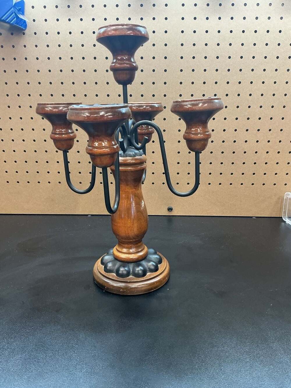 Vintage Wooden and Black Metal 5-Arm Candelabra Candle Holder